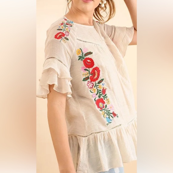 Umgee Cream Embroidered Flutter-Sleeve Peasant Top with Red Floral Accents - Picture 3 of 13